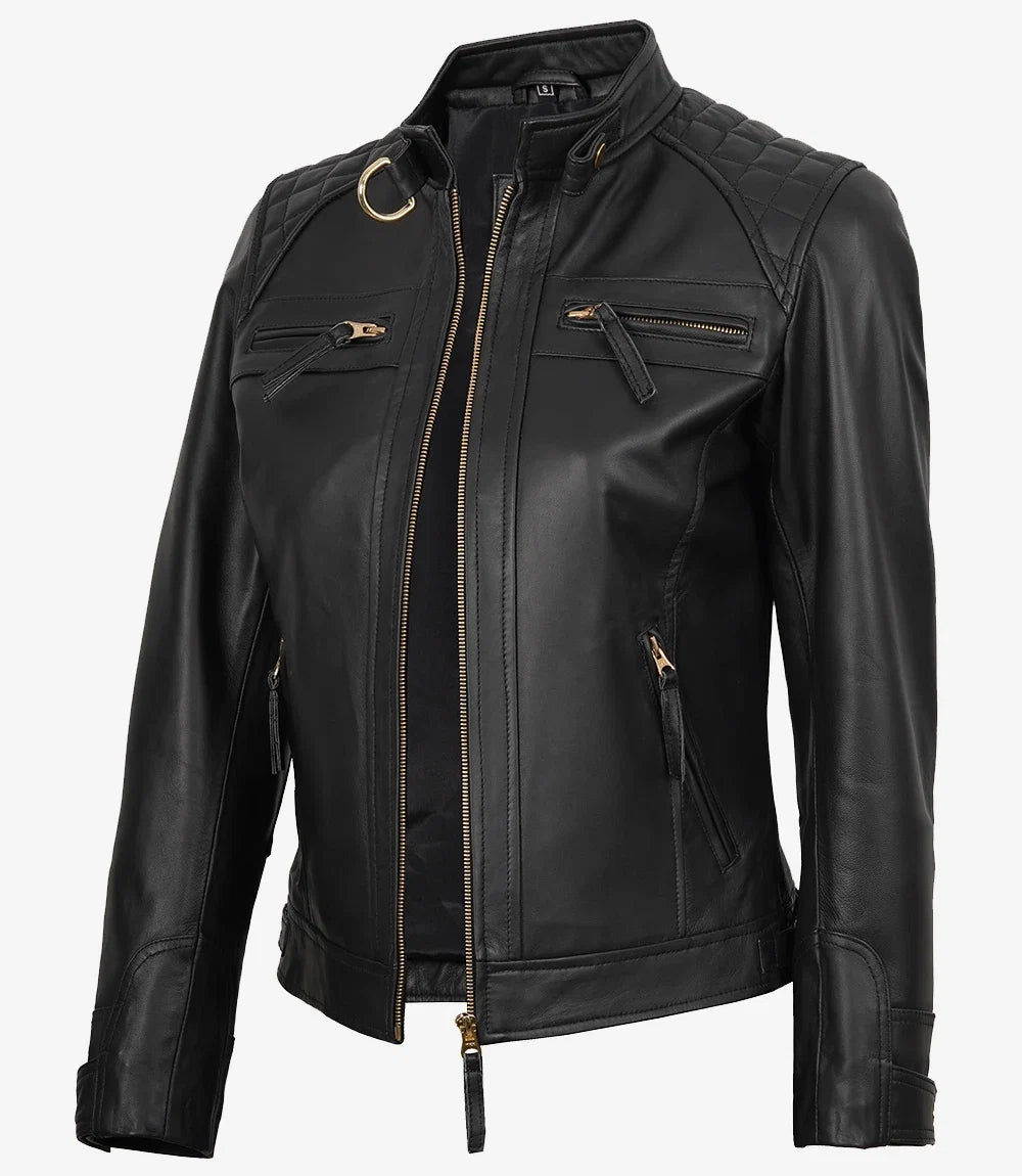 Women's black leather jacket, full front view