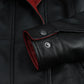 Ruby leather jacket for women, red collar detail close-up