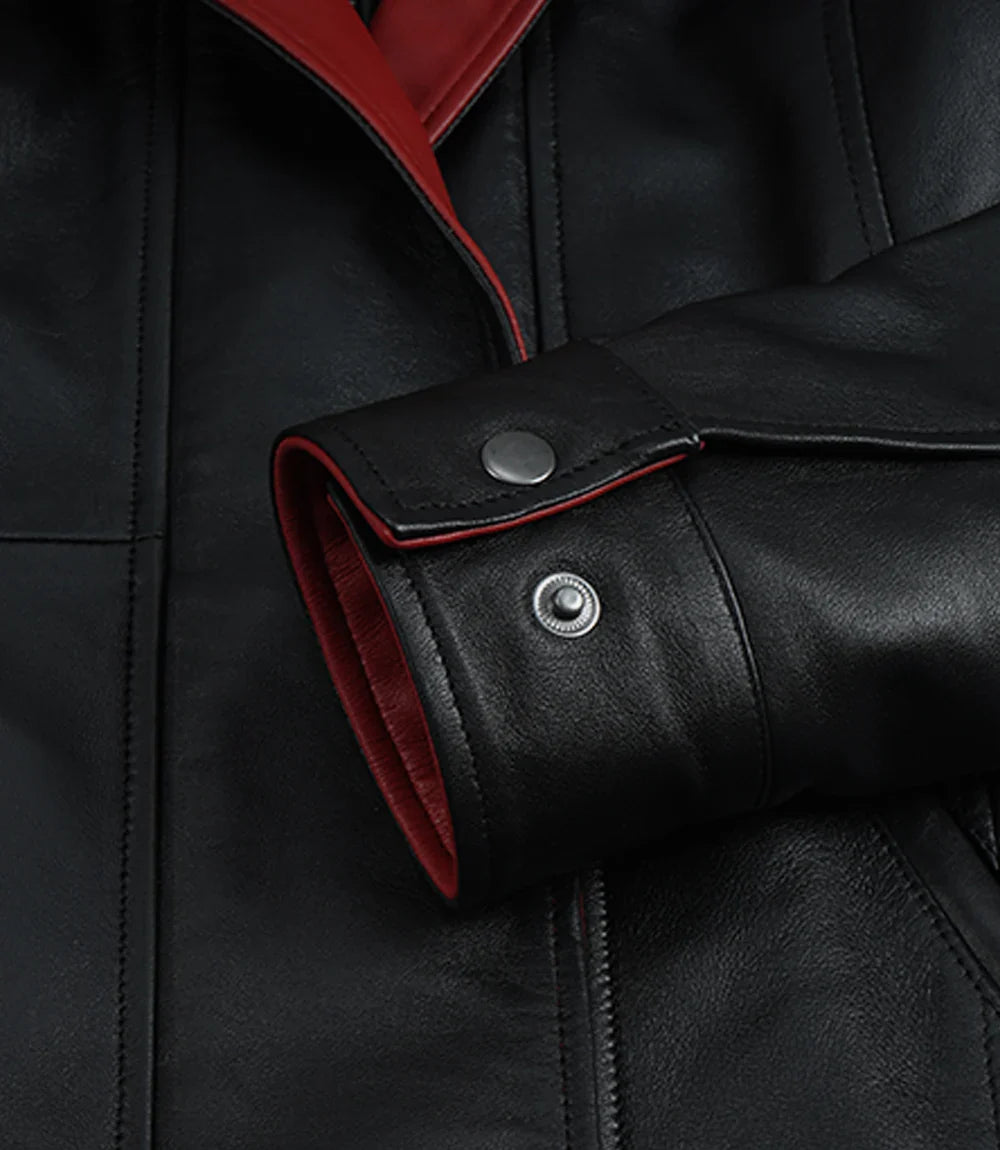Ruby leather jacket for women, red collar detail close-up