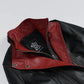 Women's black and red leather biker jacket, full front view