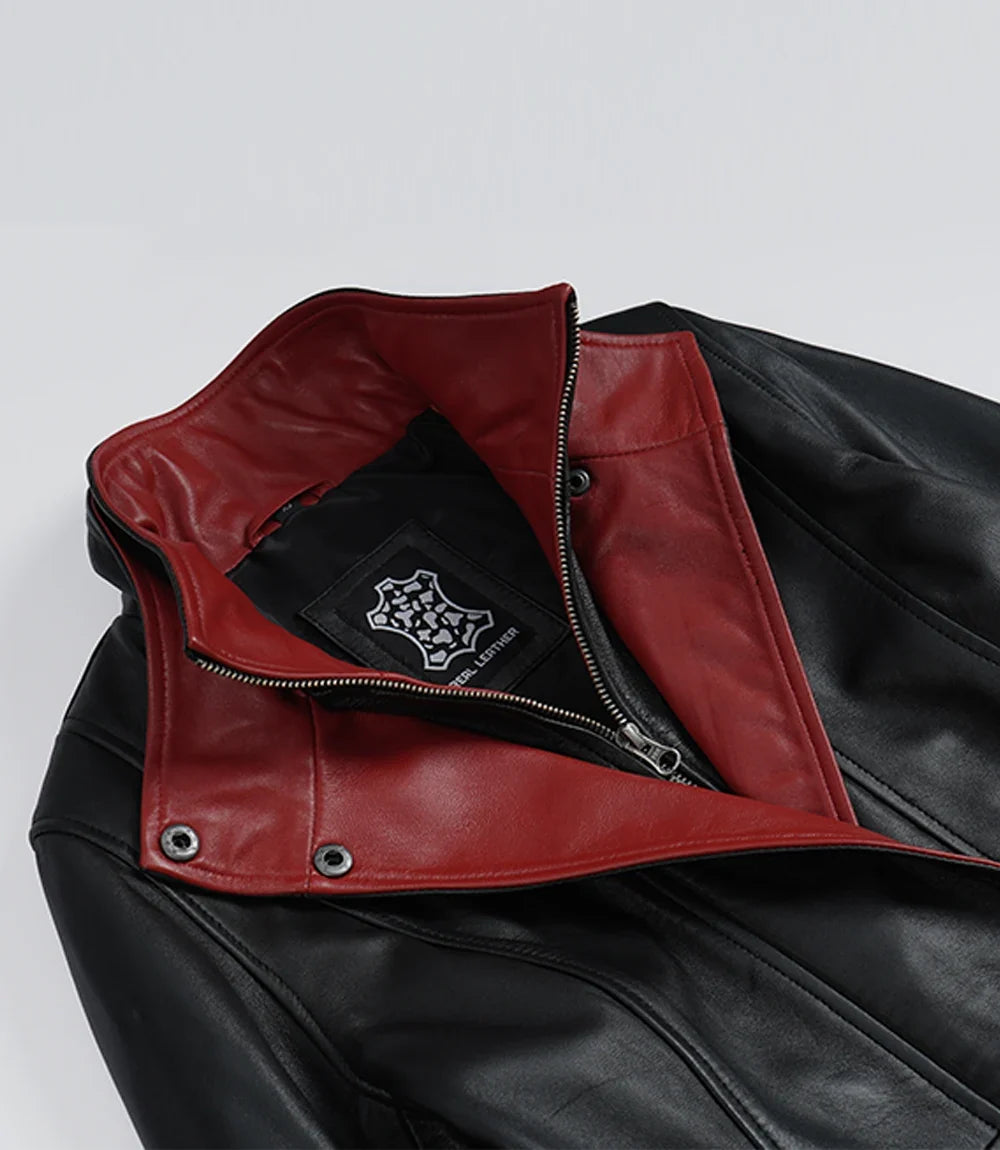 Women's black and red leather biker jacket, full front view