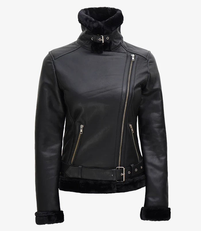 Women’s Black Shearling Leather Jacket – Front View