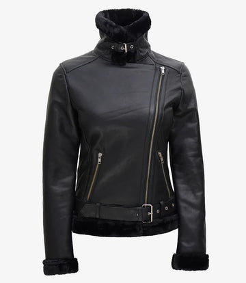 Women’s Black Shearling Leather Jacket – Front View