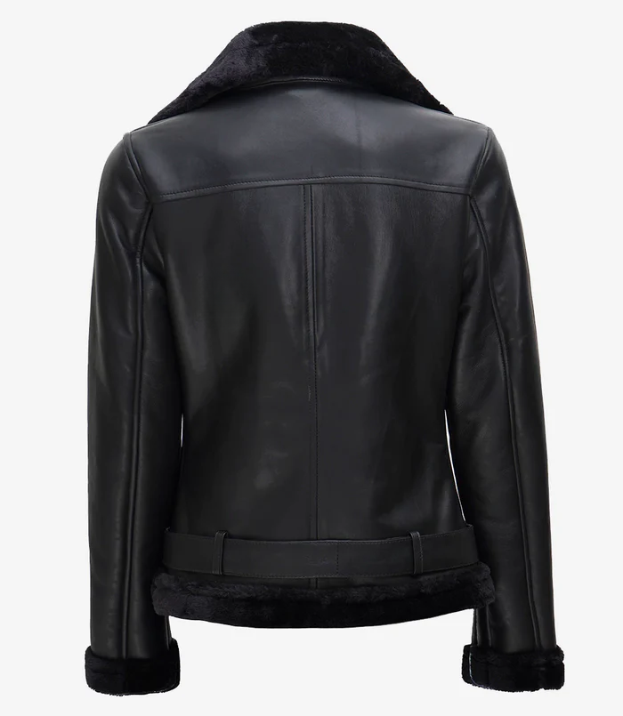 Frost Women's Black Shearling Biker Leather Jacket - Front Closed View