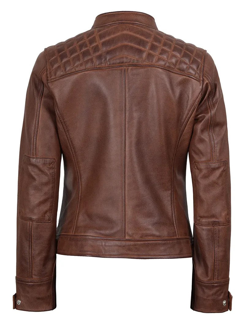 Women’s Brown Leather Biker Jacket – Front View