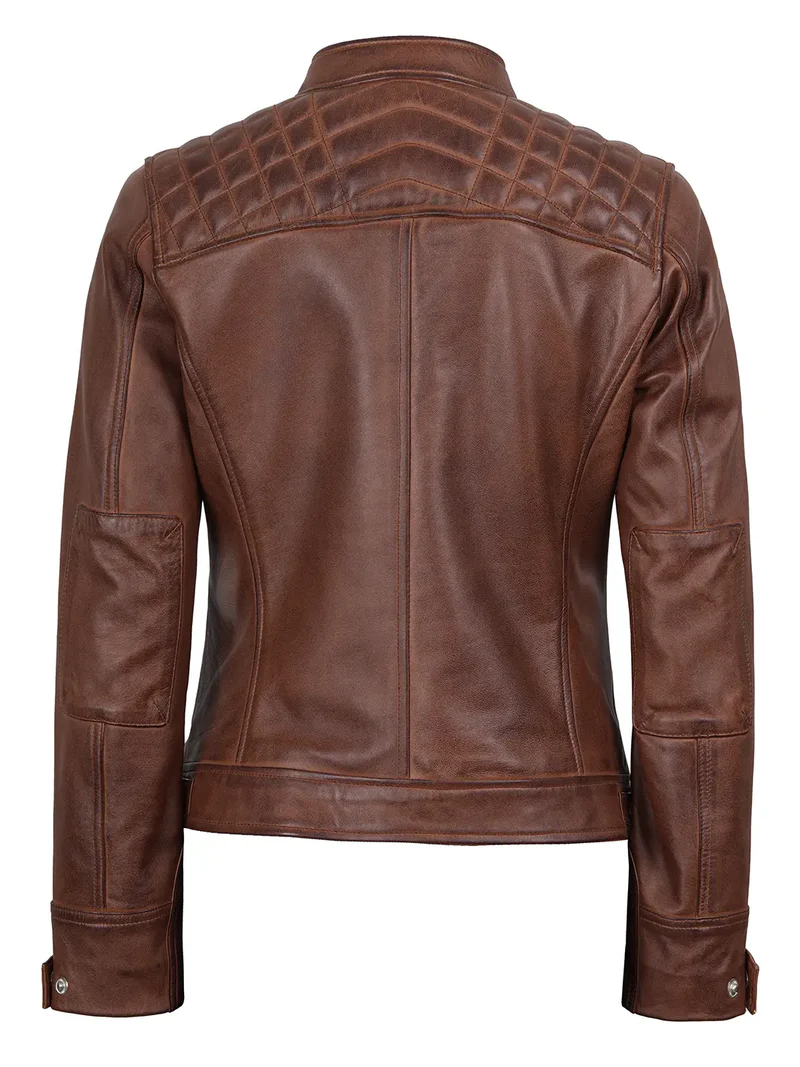 Johnson Women's Brown Quilted Biker Leather Jacket - Detail View