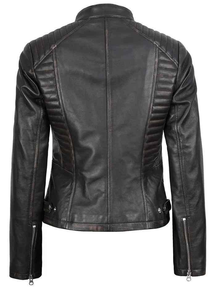Women’s Brown Quilted Biker Leather Jacket – Front View
