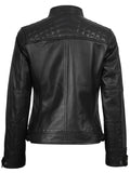 Back View – Quilted Shoulder Black Biker Jacket for Women