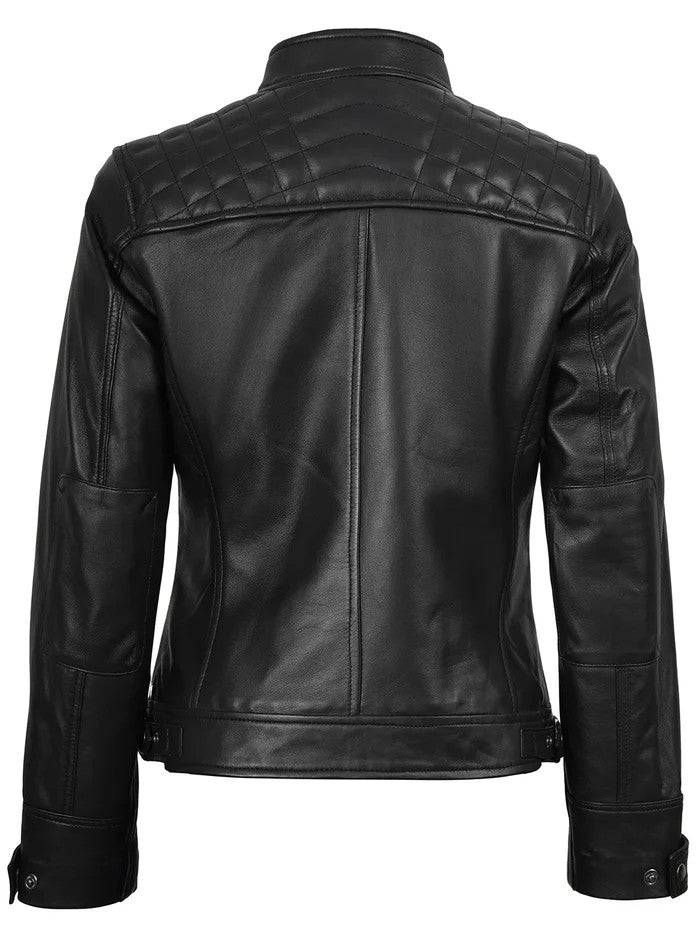 Back View – Quilted Shoulder Black Biker Jacket for Women
