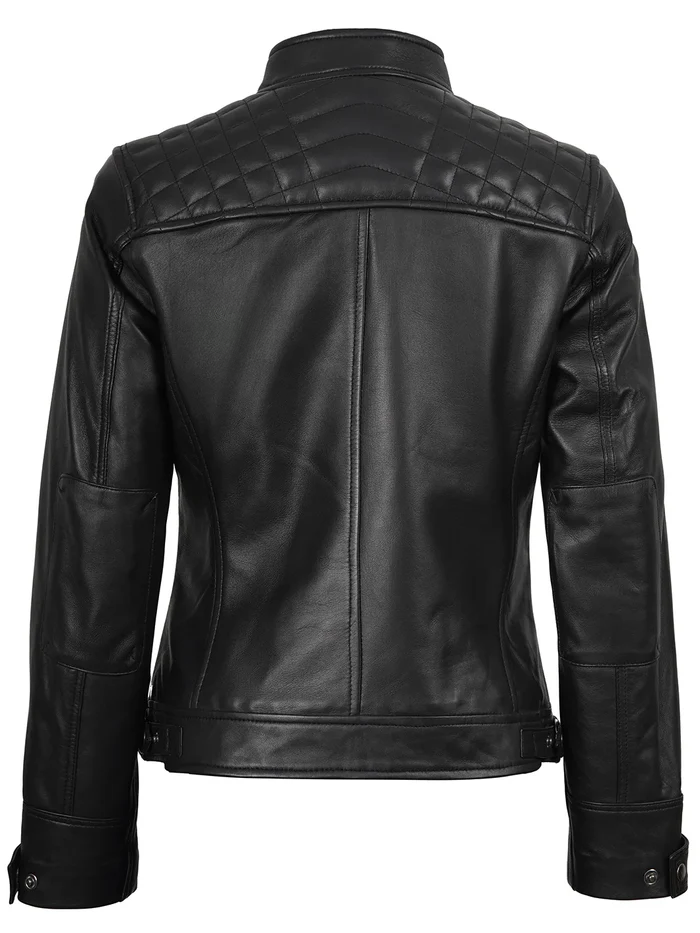 Johnson Women's Black Quilted Biker Leather Jacket - Side View