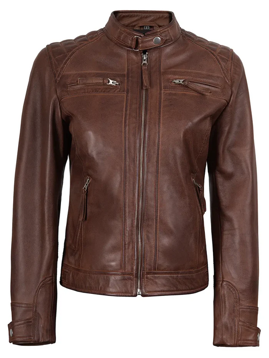 Johnson Women's Brown Quilted Biker Leather Jacket - Back View