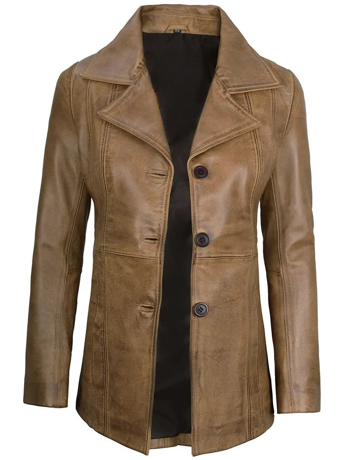 Camel Leather Blazer for Women – Buttoned Front View