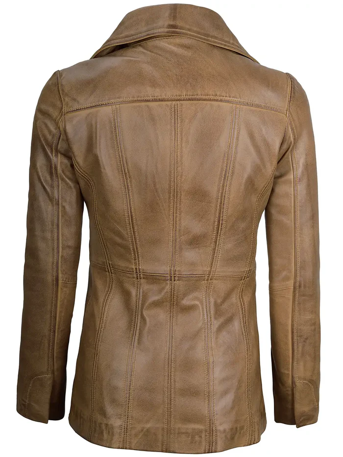 Blair Women's Camel Leather Blazer - Front Buttoned View