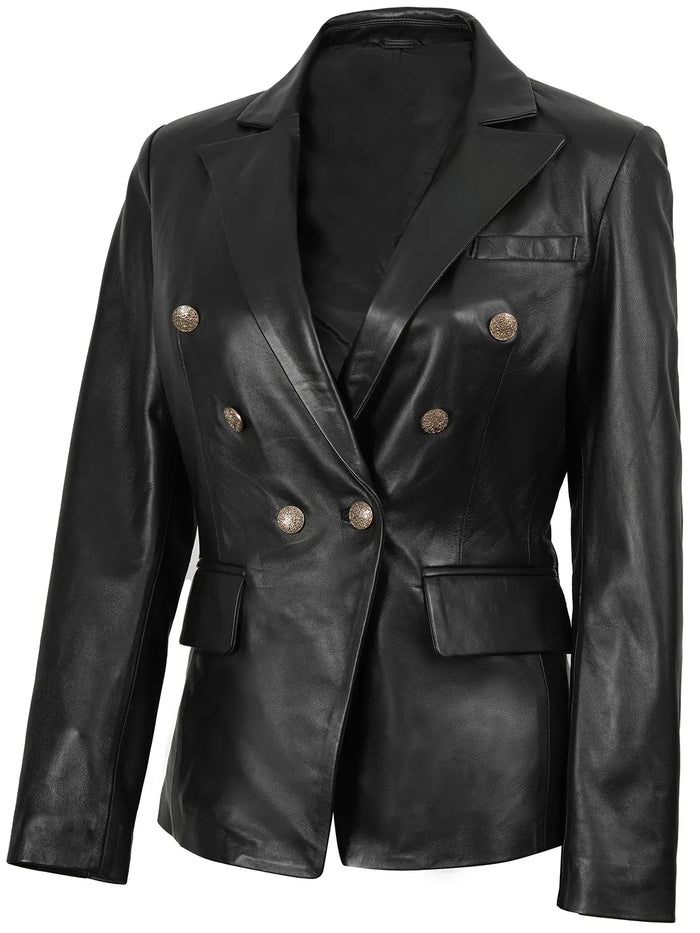 Duchess Women's Black Double-Breasted Leather Blazer - Front View