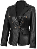 Duchess Women's Black Double-Breasted Leather Blazer - Front View