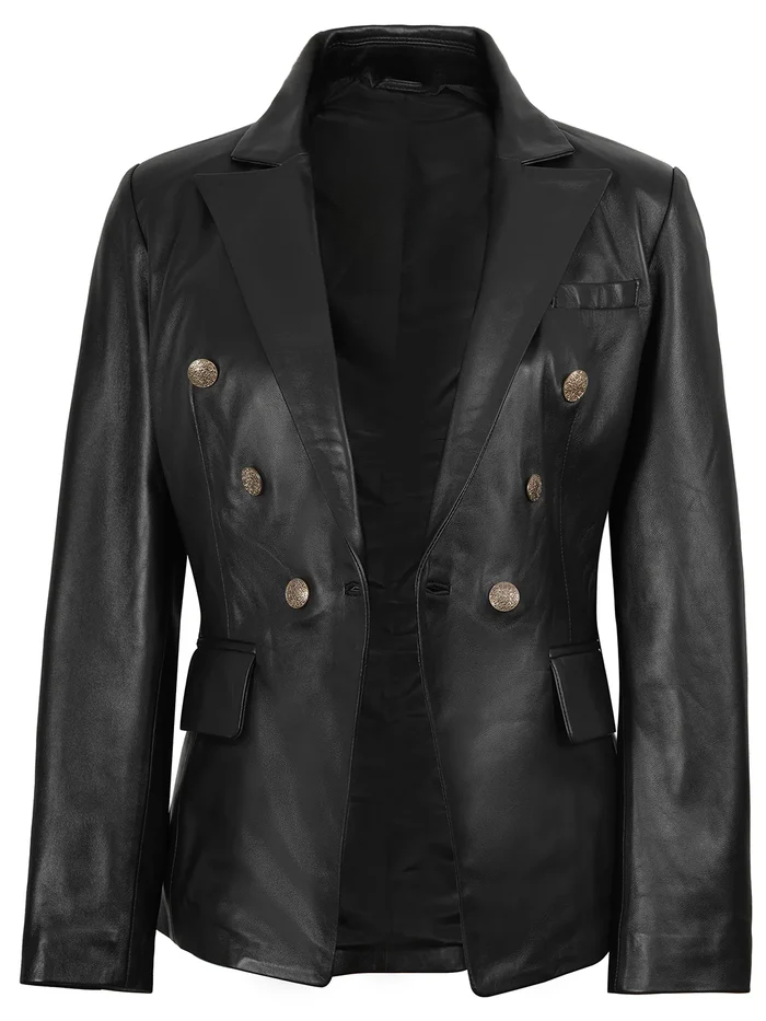 Duchess Women's Black Double-Breasted Leather Blazer - Side View