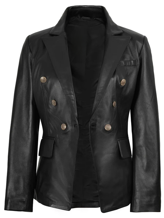 Duchess Women's Black Double-Breasted Leather Blazer - Side View