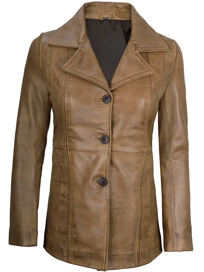 Blair Women's Camel Leather Blazer - Front Open View