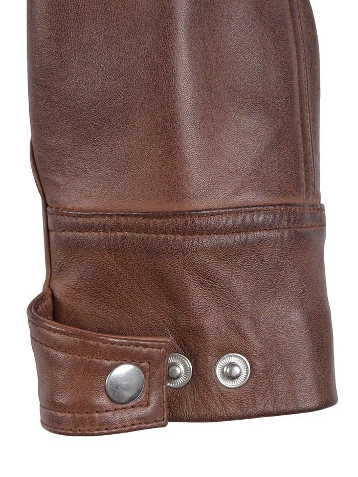 Close-up Detailing and Sleeve Cuff Snap – Brown Leather Biker Jacket