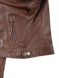 Close-up Detailing and Sleeve Cuff Snap – Brown Leather Biker Jacket
