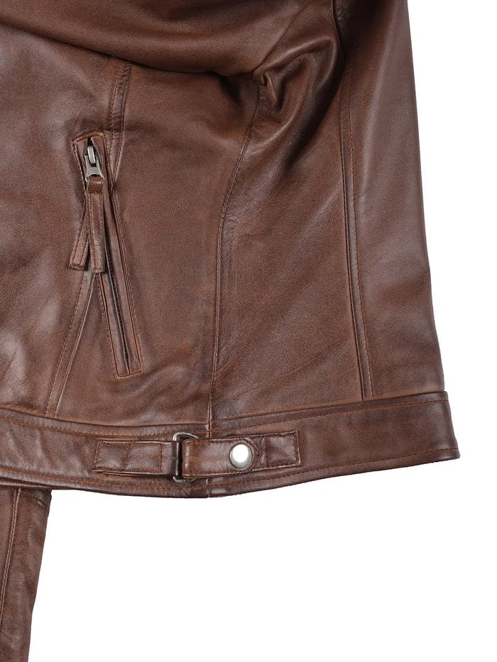 Close-up Detailing and Sleeve Cuff Snap – Brown Leather Biker Jacket