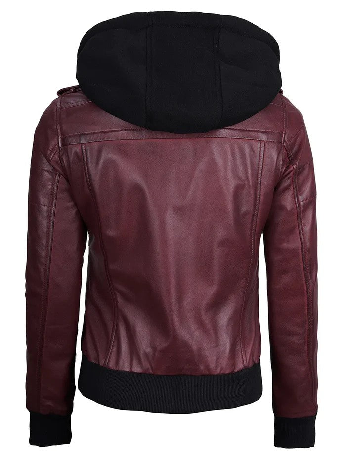 Women’s Maroon Hooded Leather Jacket – Front View