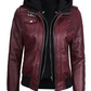 Blaze Women's Maroon Hooded Bomber Leather Jacket - Side View