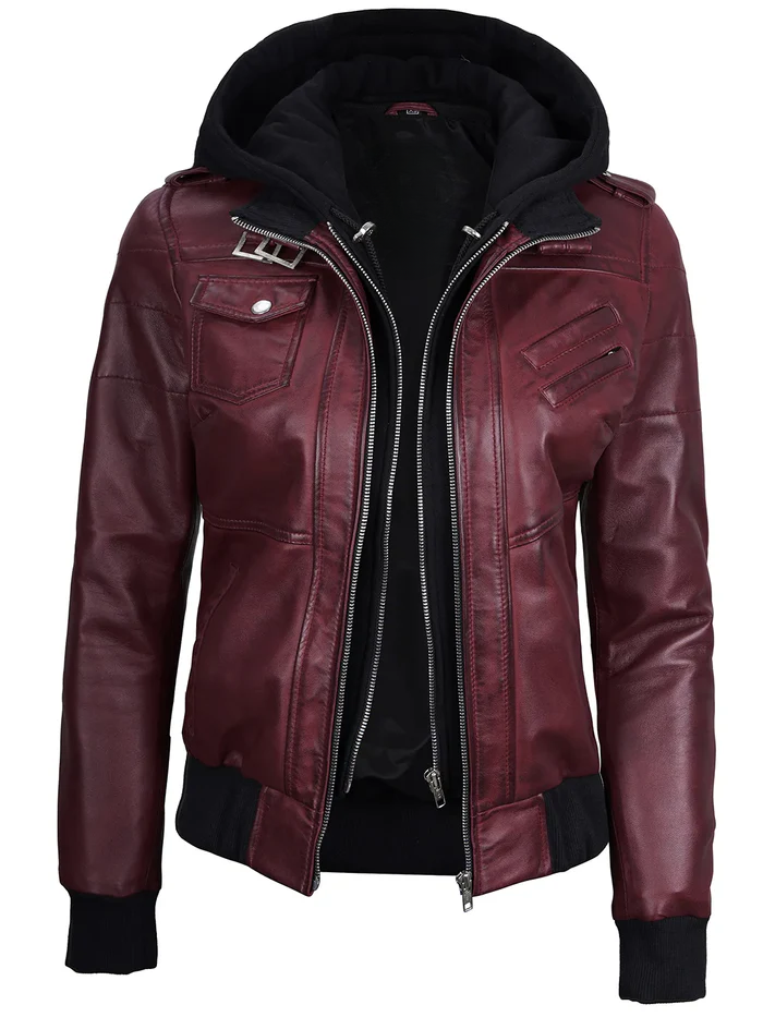Blaze Women's Maroon Hooded Bomber Leather Jacket - Side View