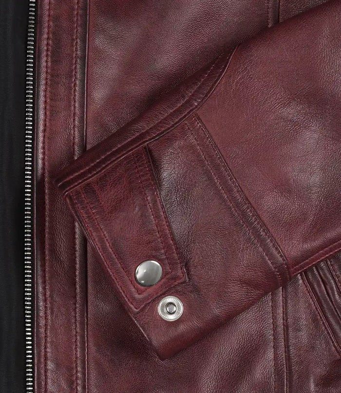 Close-up Detailing and Zipper Cuffs – maroon Leather Biker Jacket