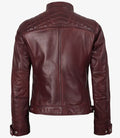 Quilted Shoulder Detailing – Maroon Leather Jacket Back View
