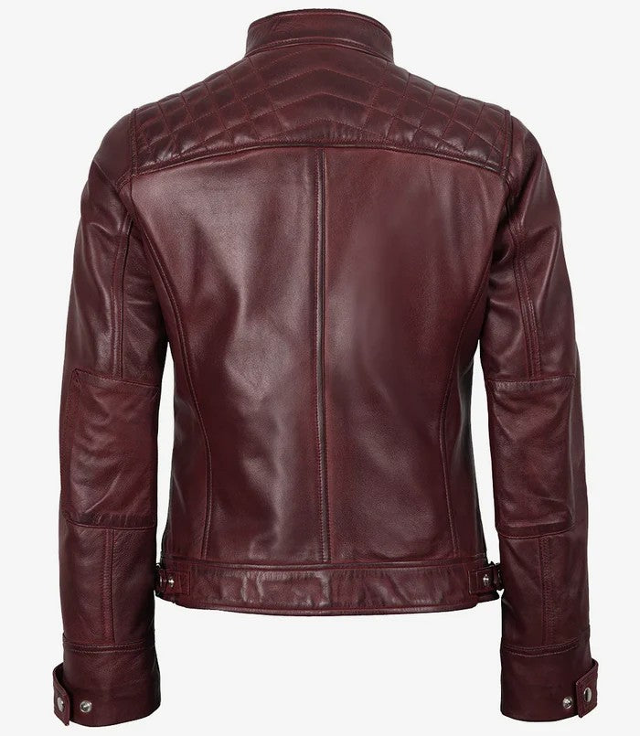Quilted Shoulder Detailing – Maroon Leather Jacket Back View
