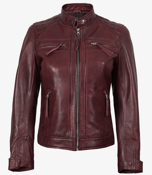 Scarlett Women's Maroon Cafe Racer Leather Jacket - Front View