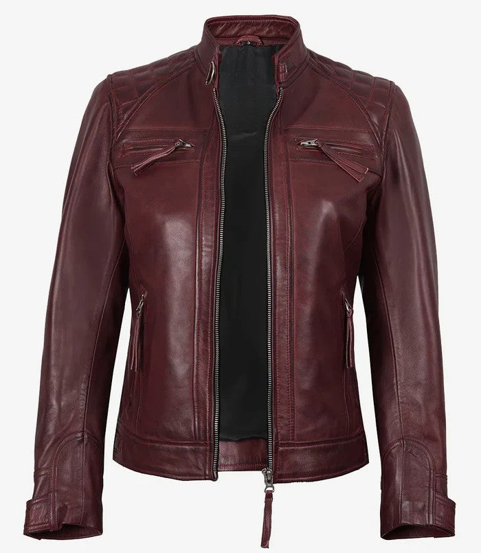 Real Sheepskin Maroon Biker Jacket for Women – Open Front