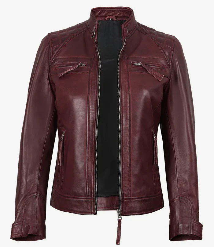 Scarlett Women's Maroon Cafe Racer Leather Jacket - Front Open View