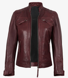 Scarlett Women's Maroon Cafe Racer Leather Jacket - Front Open View