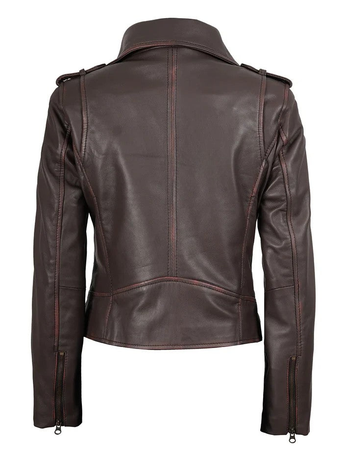 Women’s Dark Brown Biker Leather Jacket – Front View