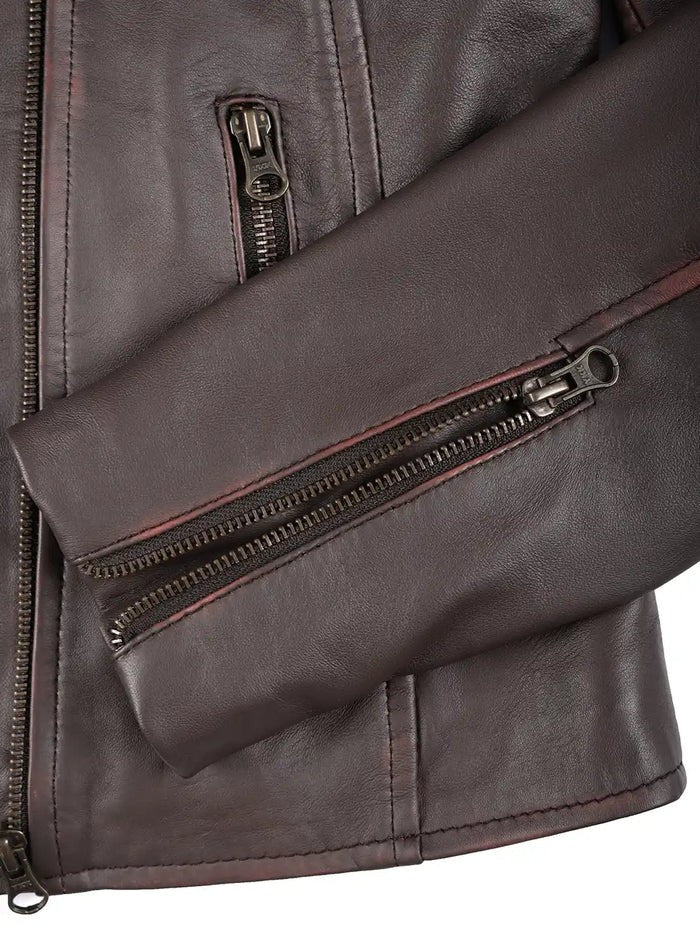Close-Up – Zipper and Sleeve Detail of Brown Leather Jacket