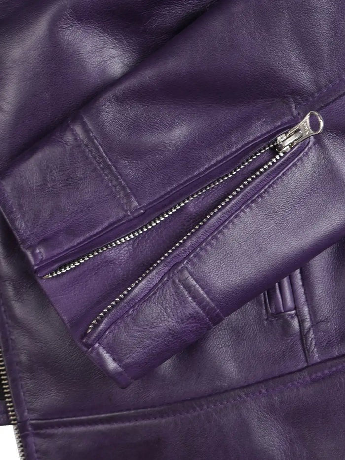 Detail Close-Up – Zippers and Stitching on Purple Leather Jacket.