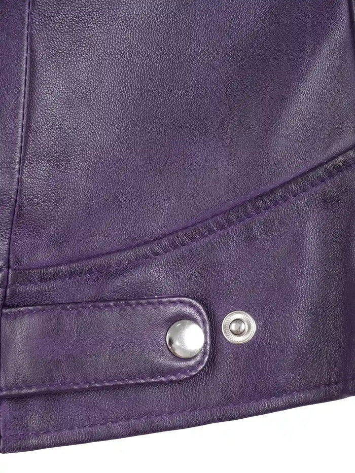 Detail Close-Up – Zippers and Stitching on Purple Leather Jacket