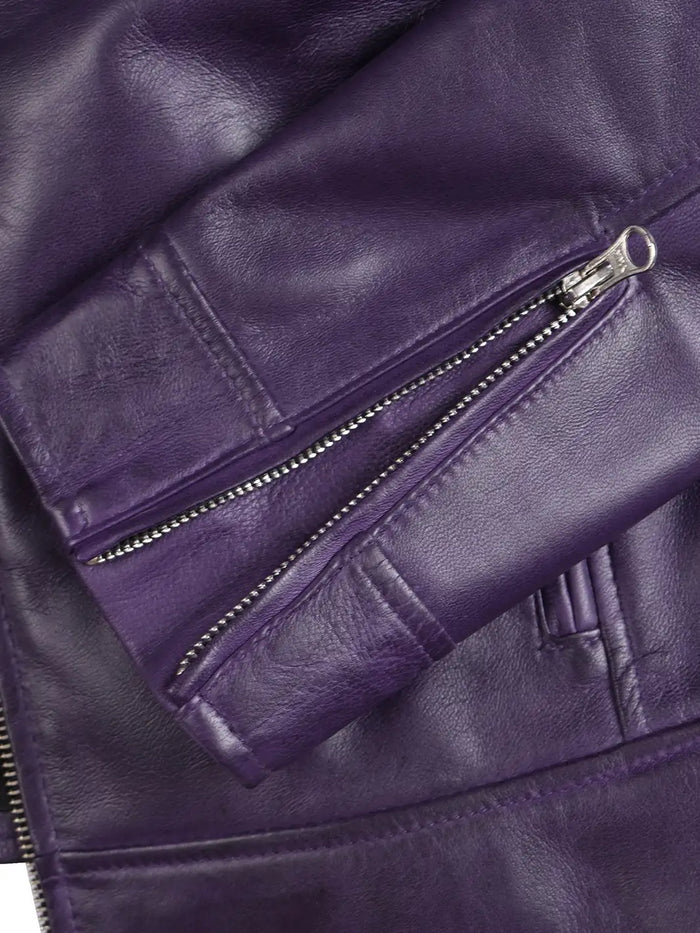 Aria Women's Purple Cafe Racer Leather Jacket - Front View