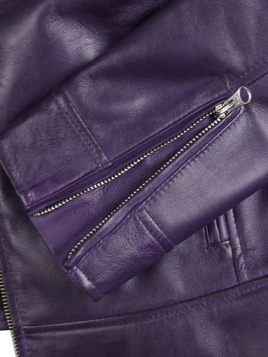 Aria Women's Purple Cafe Racer Leather Jacket - Front View
