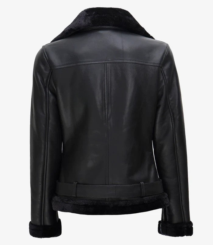 Back View of Women’s Black Shearling Leather Jacket