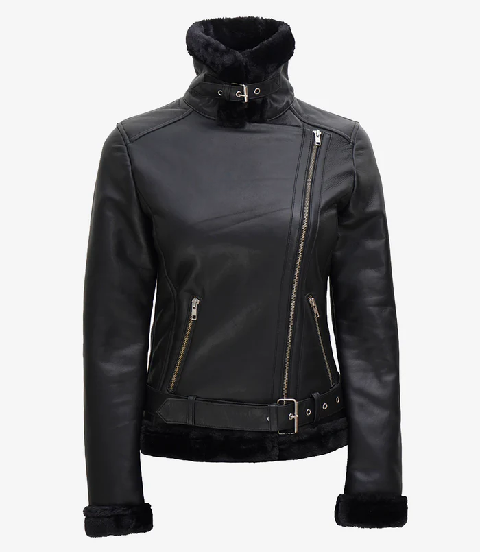 Frost Women's Black Shearling Leather Jacket - Detail View