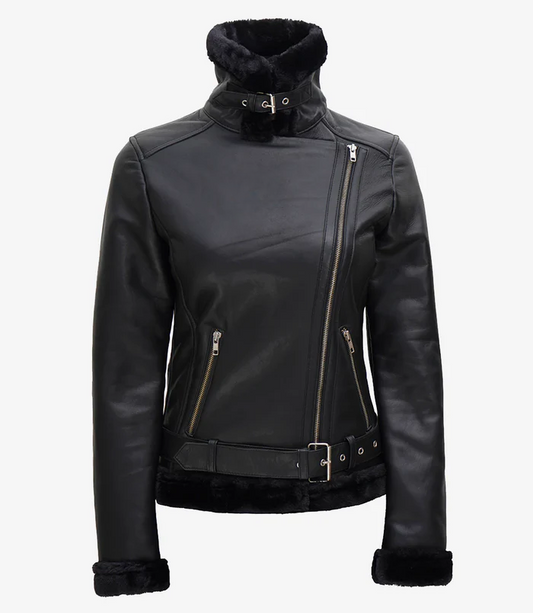 Frost Women's Black Shearling Leather Jacket - Detail View