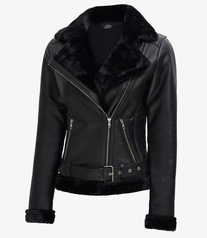 Women’s Shearling Leather Jacket with Belt – Side Angle