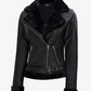 Frost Women's Black Shearling Biker Leather Jacket - Front View