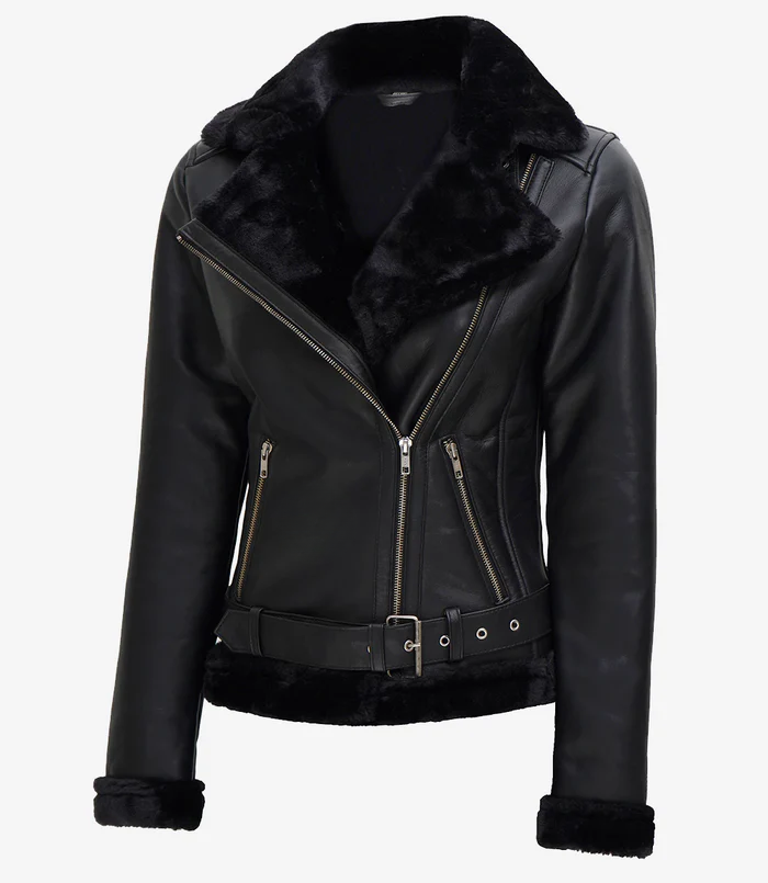 Frost Women's Black Shearling Biker Leather Jacket - Front View