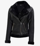 Frost Women's Black Shearling Biker Leather Jacket - Front View