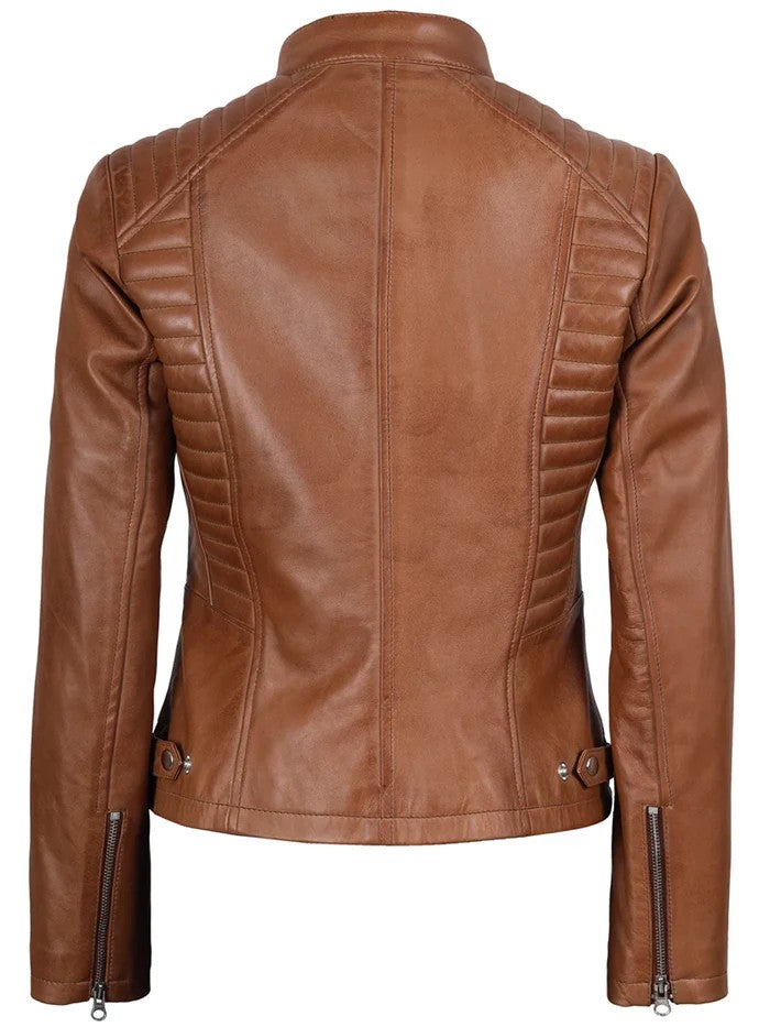 Women’s Tan Quilted Biker Leather Jacket – Front View