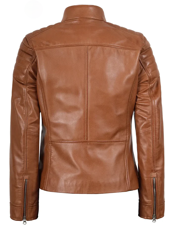 Luna Women's Tan Brown Cafe Racer Leather Jacket - Front View